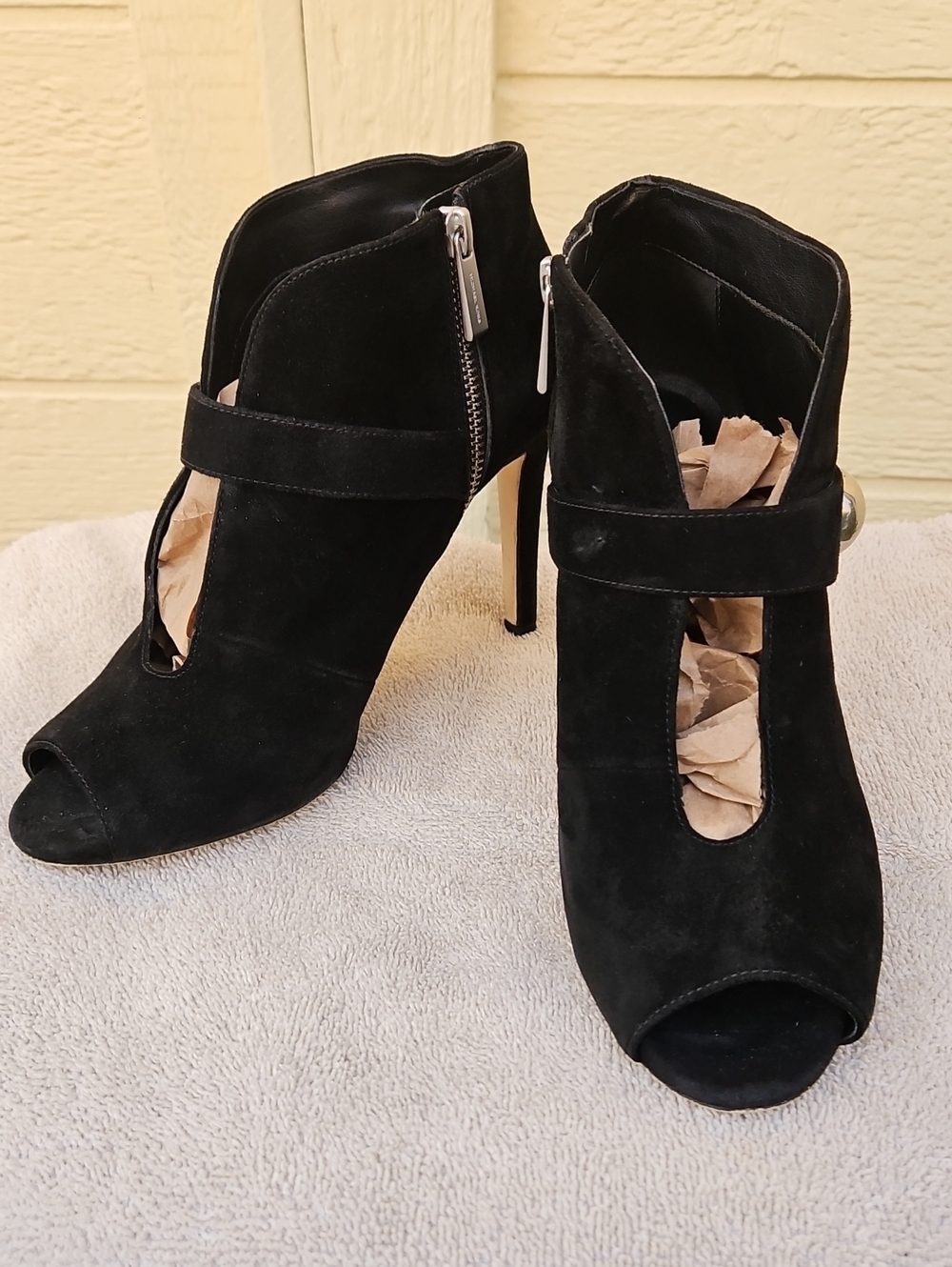 Michael Kors Black Suede Peep-Toe Heeled Ankle Boots